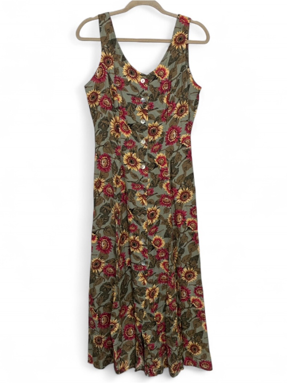 Vintage Express Floral V-Neck Button Down Sleeveless Dress with Sunflower Print